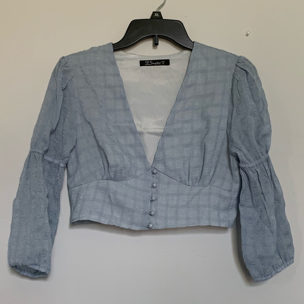 Blue button up crop top